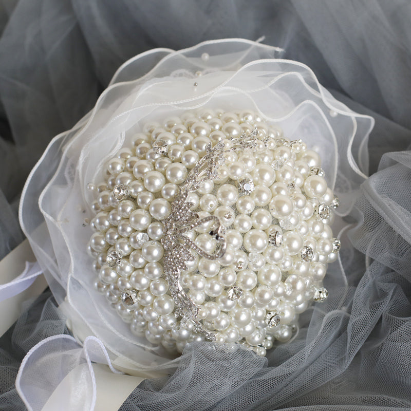 Luxury Pearl Wedding Bouquet with Swan Tiara