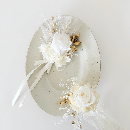 Preserved White Rose Wedding Boutonniere & Corsage
