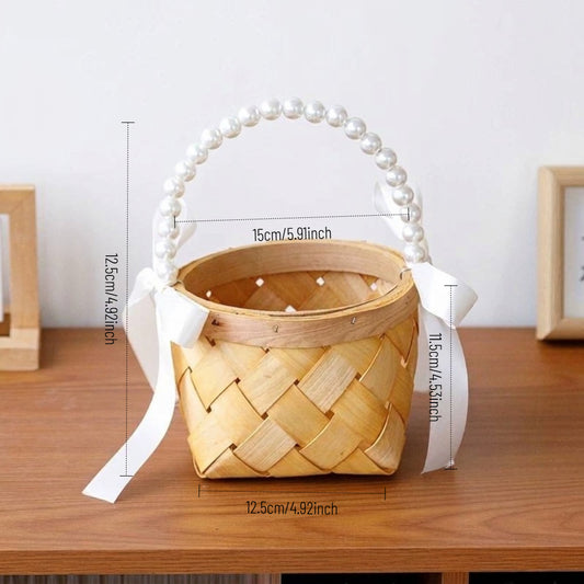 Wood-Chip Flower Basket with Pearl Handle