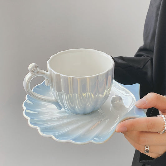 Pearl Shell Ceramic Coffee Mug and Saucer Set