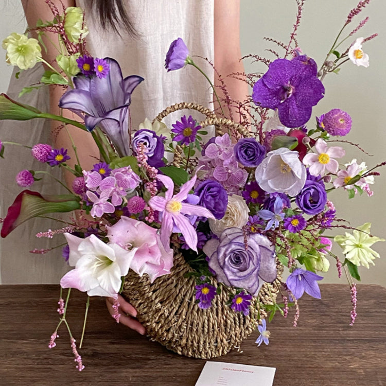 Vintage Straw Flower Basket with Handle