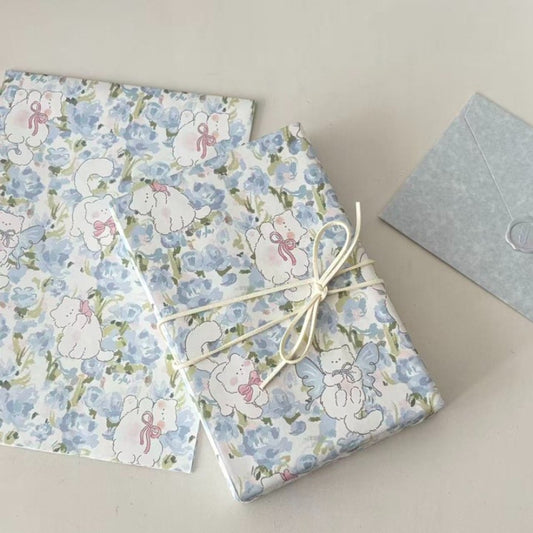 Blue Floral Kitten Gift Wrap Paper Pack 12
