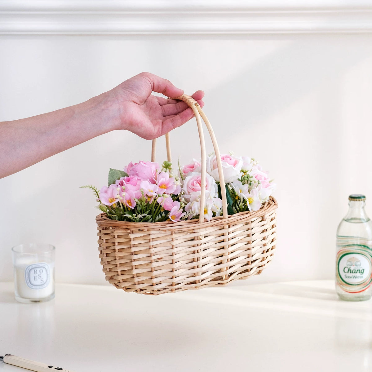 Oval Wicker Flower Basket with Plastic Liner