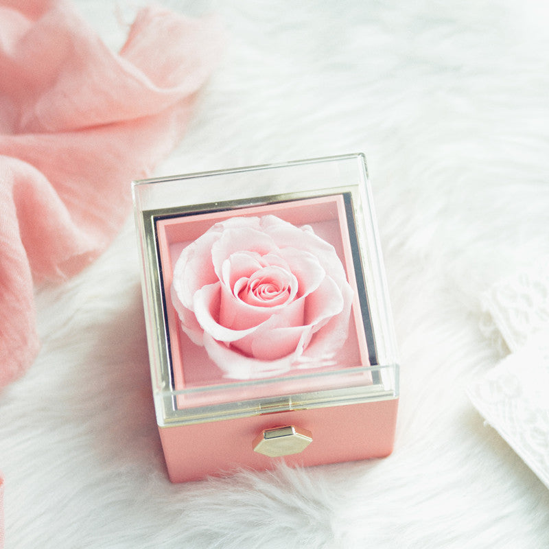 Boîte à bijoux rotative à 360° en velours avec rose éternelle