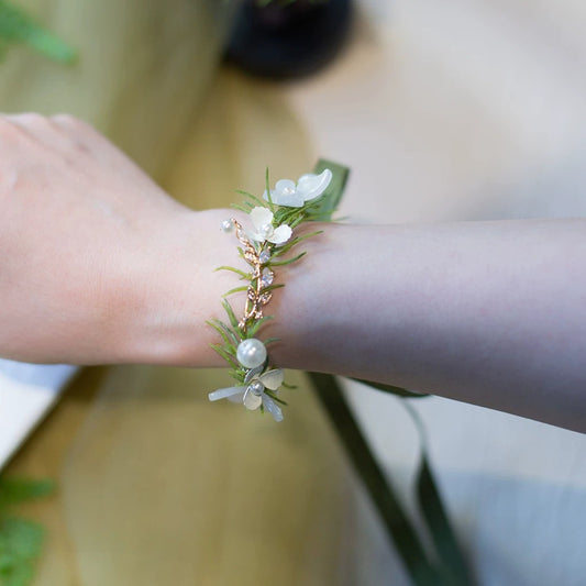 Minimalist Greenery & Pearl Wrist Corsages