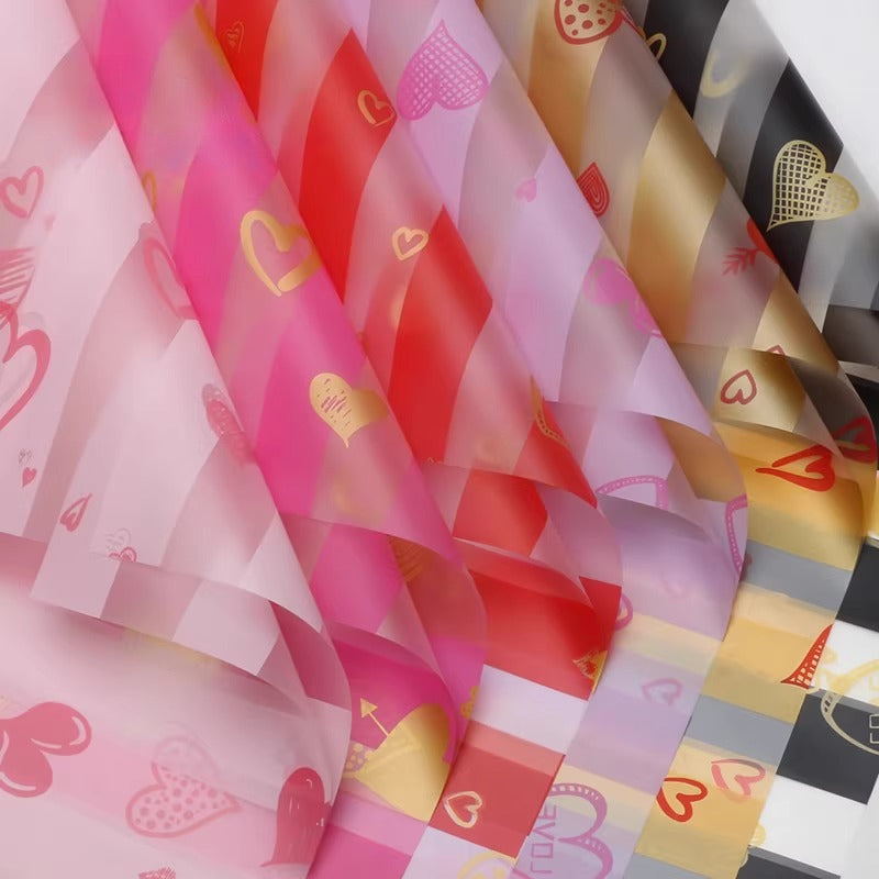 20pcs Stripe & Gold Heart Cellophane Wrap (57x57cm)