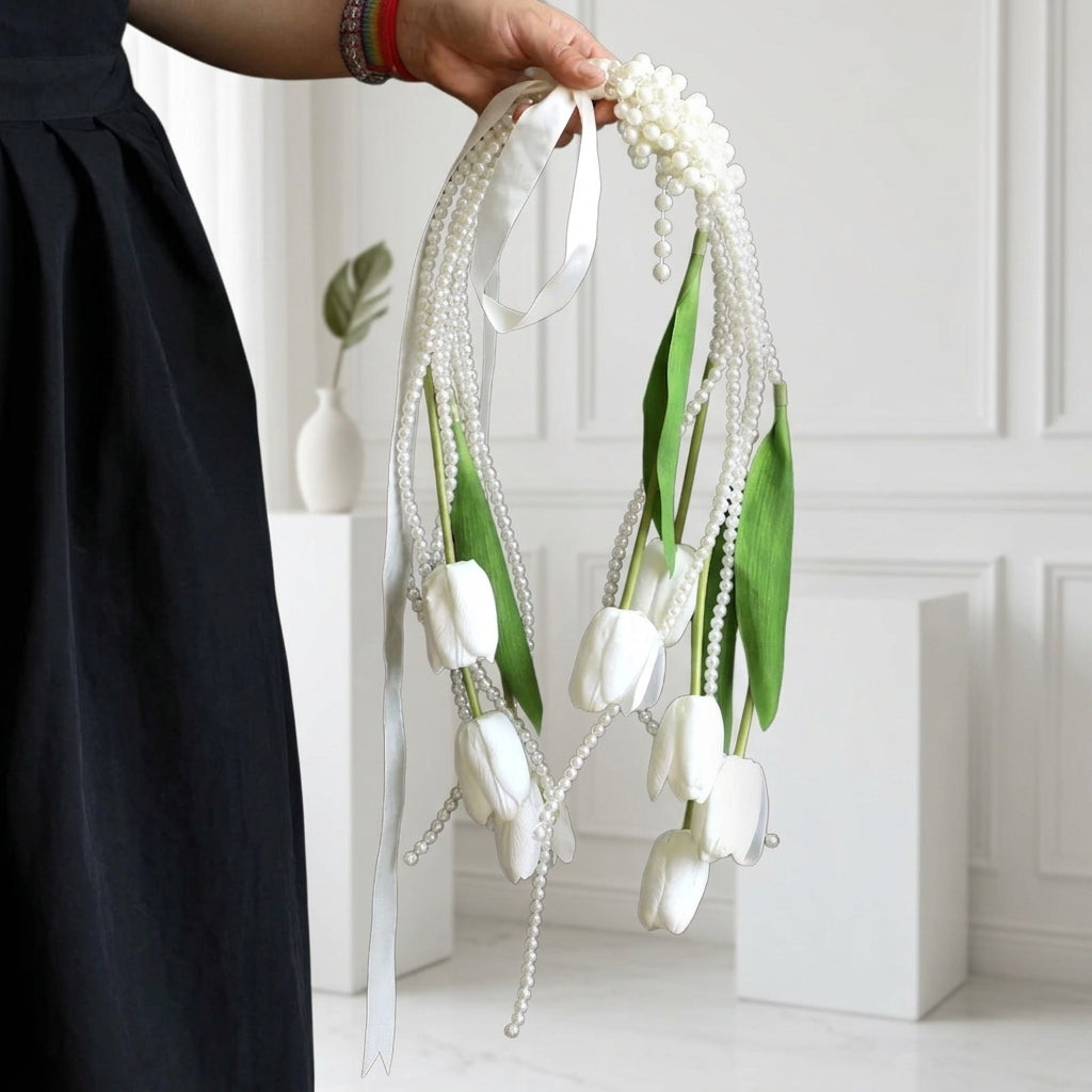 Cascading Pearl Tulip Artificial Bridal Bouquet