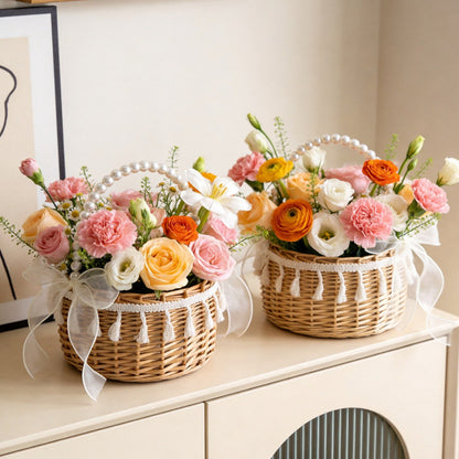 Round Wicker Basket with Pearl Handle Tassel