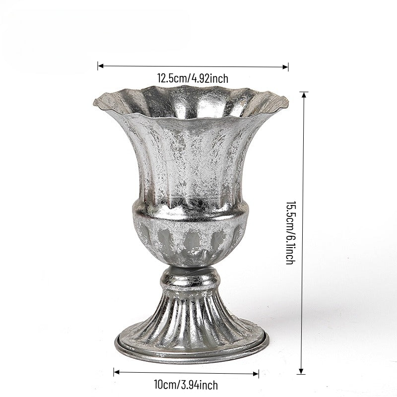Vase trompette jardinière en métal argenté antique