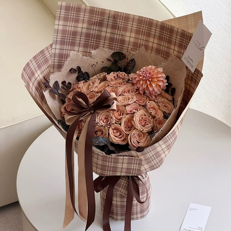 Vintage Plaid Kraft Floral Wrap Paper Pack 30 (15" x 20")