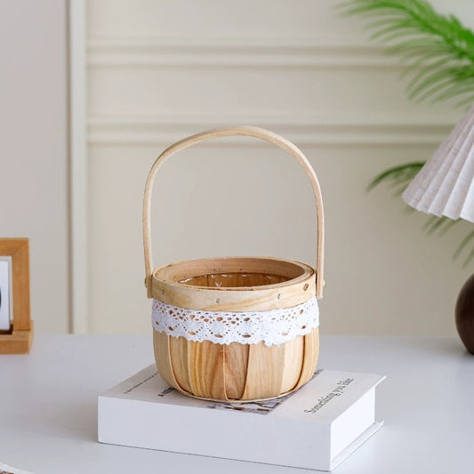 Mini Wood-Chip Flower Basket with Lace Trim