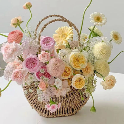 Vintage Straw Flower Basket with Handle