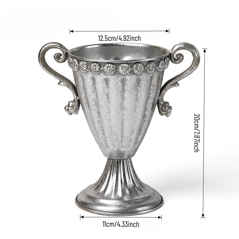 Vase trompette jardinière en métal argenté antique