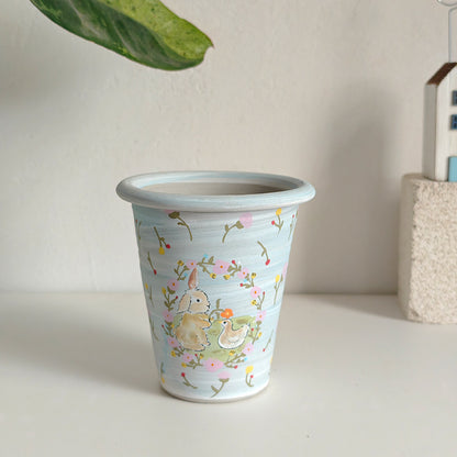 Whimsical Bunny & Duckling Ceramic Planter