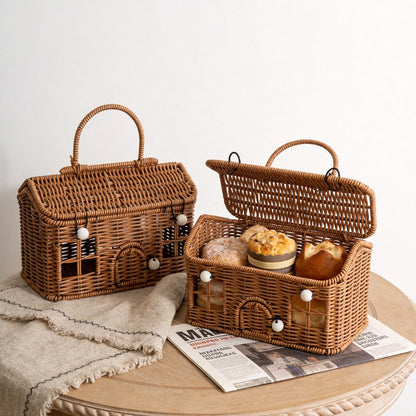 Cottage Shaped Woven Storage Basket with Lid