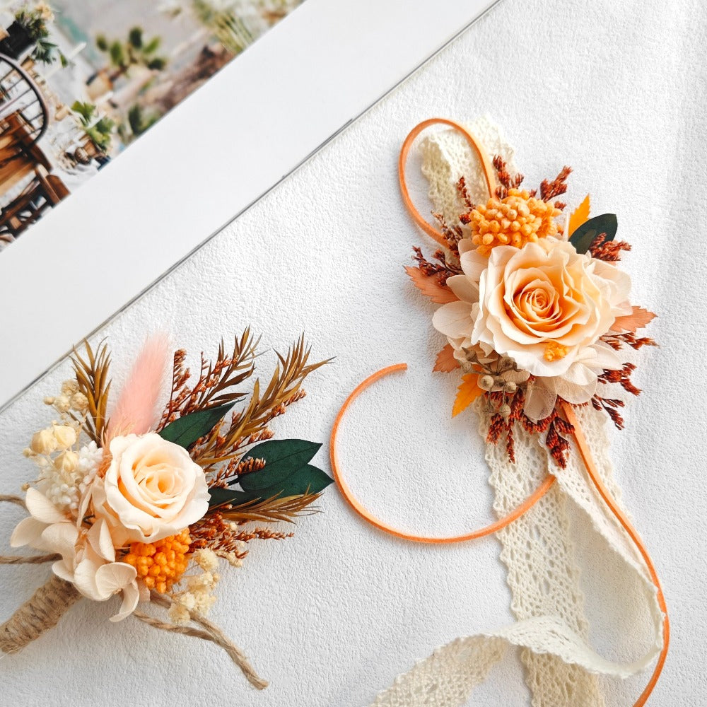 Orange Preserved Rose Boutonniere & Wrist Corsage