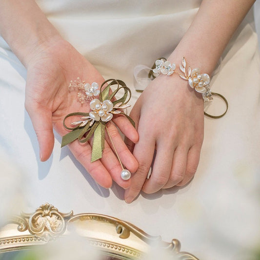 Pearl Olive Ribbon Wrist Corsage Boutonniere Set