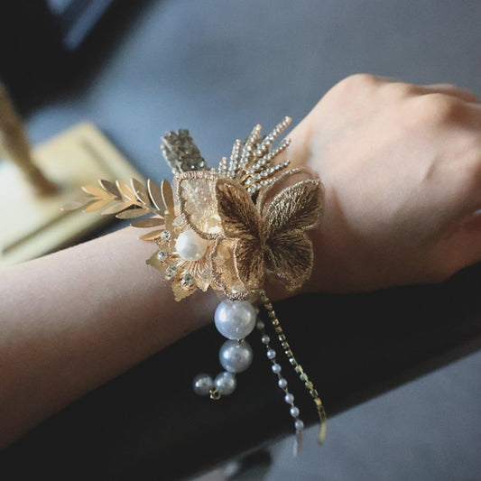 Champagne Gold Pearl Wrist Corsage Bracelet