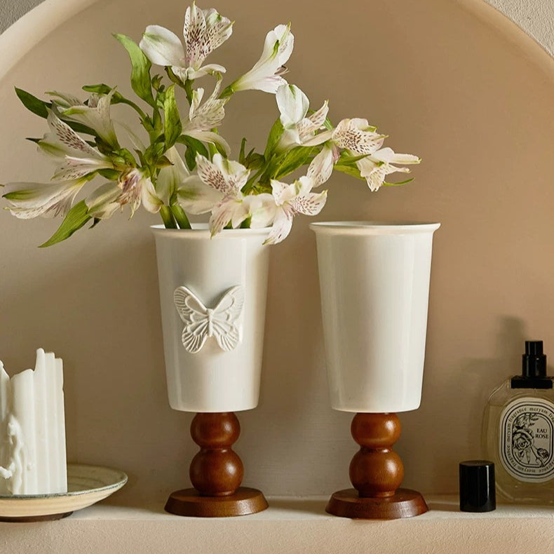 White Ceramic Pedestal Vase with Wooden Base