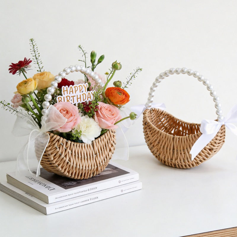 Crescent Wicker Basket with Pearl Handle