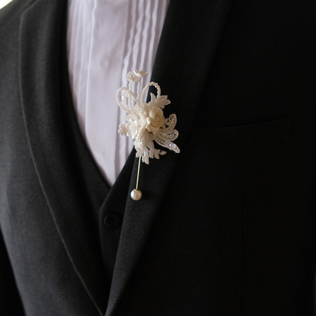 White Lace Pearl Boutonniere Wrist Corsage Set