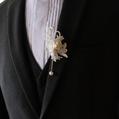 White Lace Pearl Boutonniere Wrist Corsage Set