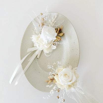Preserved White Rose Wedding Boutonniere & Corsage
