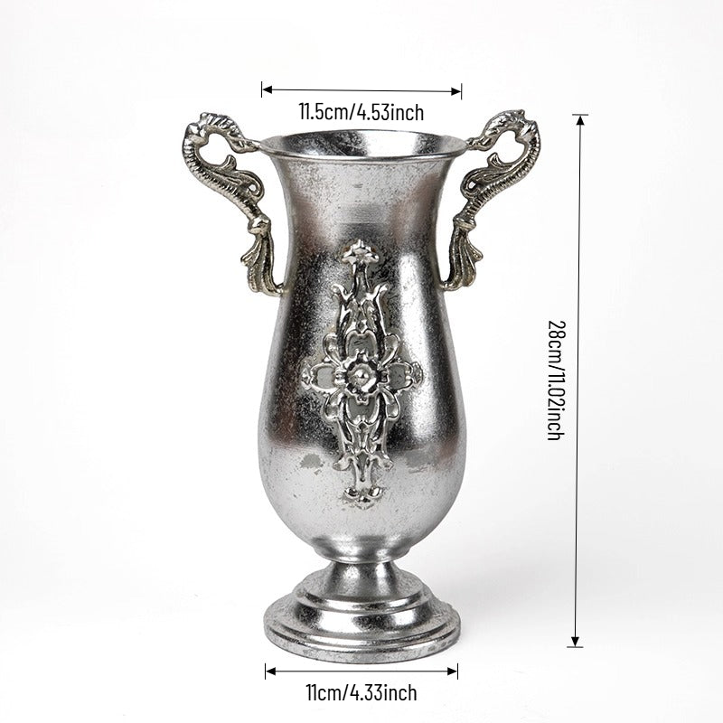 Vase trompette jardinière en métal argenté antique