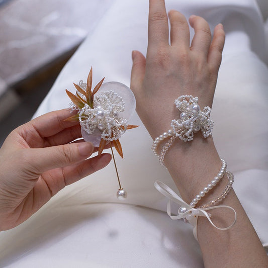 Pearl Beaded Wrist Corsage Boutonniere Set