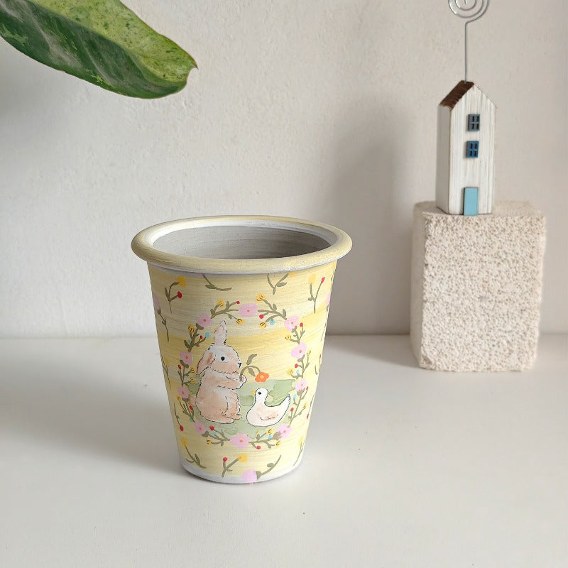 Whimsical Bunny & Duckling Ceramic Planter