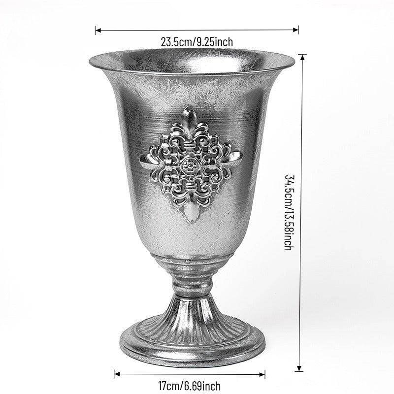 Vase trompette jardinière en métal argenté antique