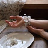 Load image into Gallery viewer, White Lace Pearl Boutonniere Wrist Corsage Set
