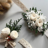 Load image into Gallery viewer, Preserved White Austin Rose Boutonniere &amp; Wrist Corsage