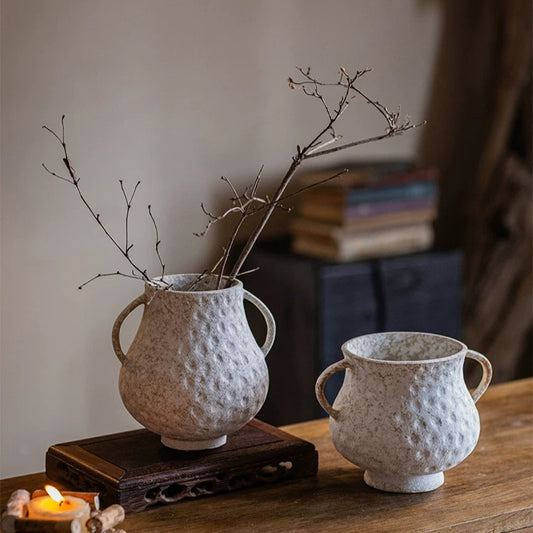 مزهرية سيراميك ذات ملمس ريفي بمقابض