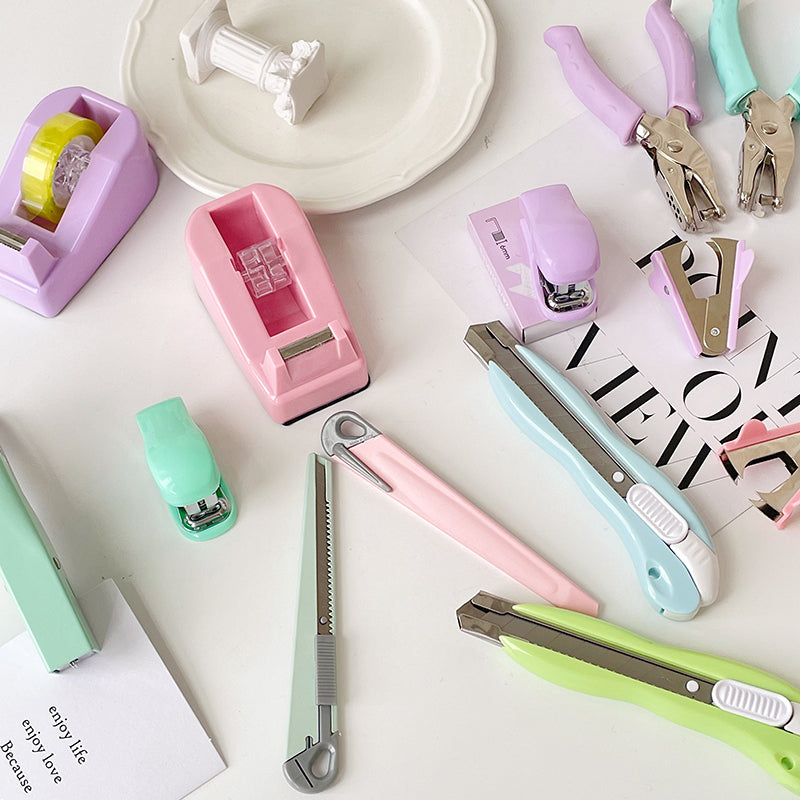 Macaron Color Stapler Tape Dispenser Hole Puncher