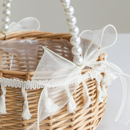 Round Wicker Basket with Pearl Handle Tassel
