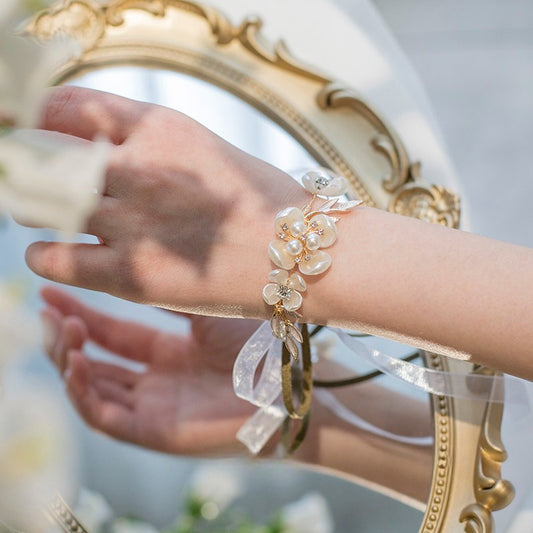 Pearl Olive Ribbon Wrist Corsage Boutonniere Set