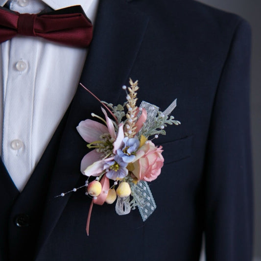 Dusty Rose Blue Flowers Corsage Boutonniere Set