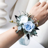 Load image into Gallery viewer, Light Blue Preserved Rose Boutonniere Wrist Corsage