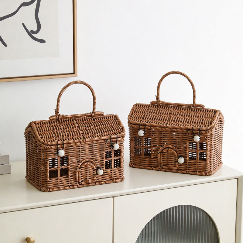 Cottage Shaped Woven Storage Basket with Lid