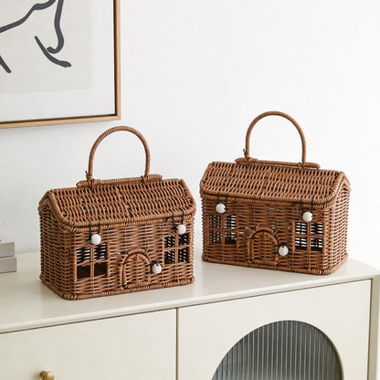 Cottage Shaped Woven Storage Basket with Lid