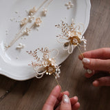 Load image into Gallery viewer, Champagne Gold Pearl Boutonniere Wrist Corsage Set