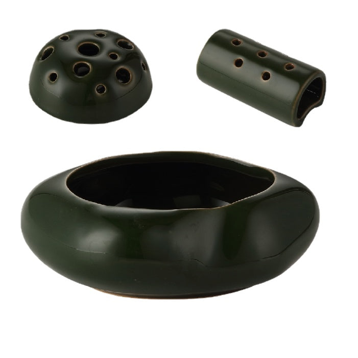 Ceramic Ikebana Bowl Vase with Dual Flower Frogs
