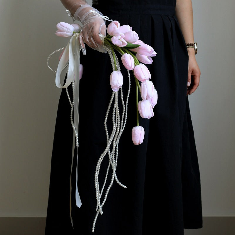 Tulip Cascading Wedding Bouquet with Pearl Strands