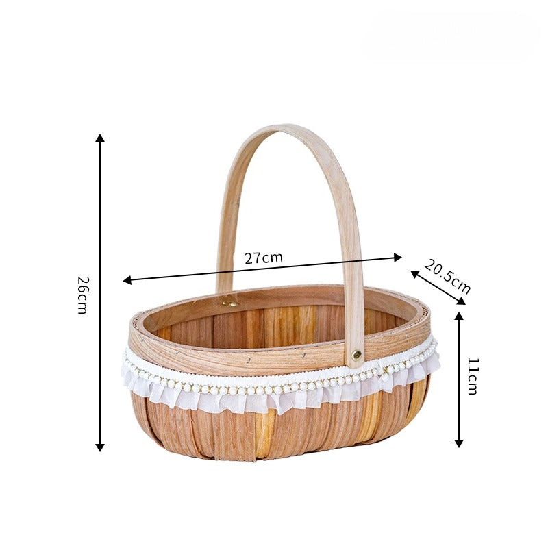 Oval Wood-Chip Flower Basket with Lace Trim