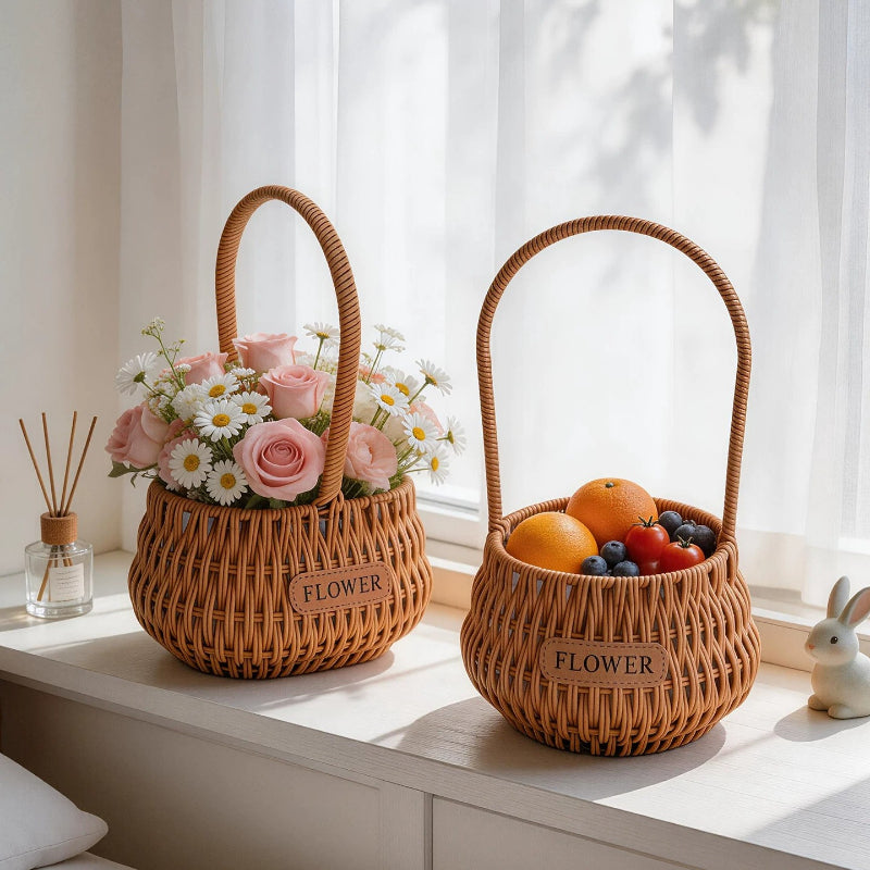 Round Faux Wicker Basket with High Handle