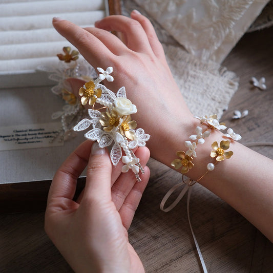 Gold Flower Ivory Lace Boutonniere Wrist Corsage Set