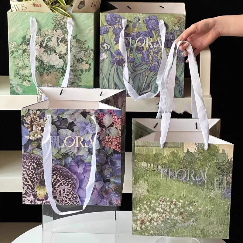 Vintage Oil Painting Square Bottom Gift Bags Pack 10