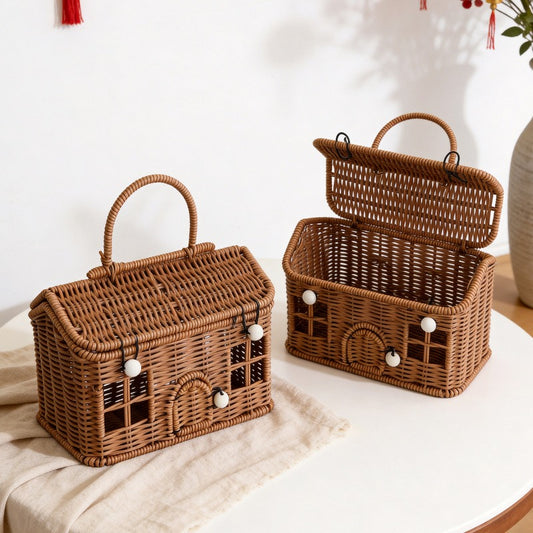 Cottage Shaped Woven Storage Basket with Lid