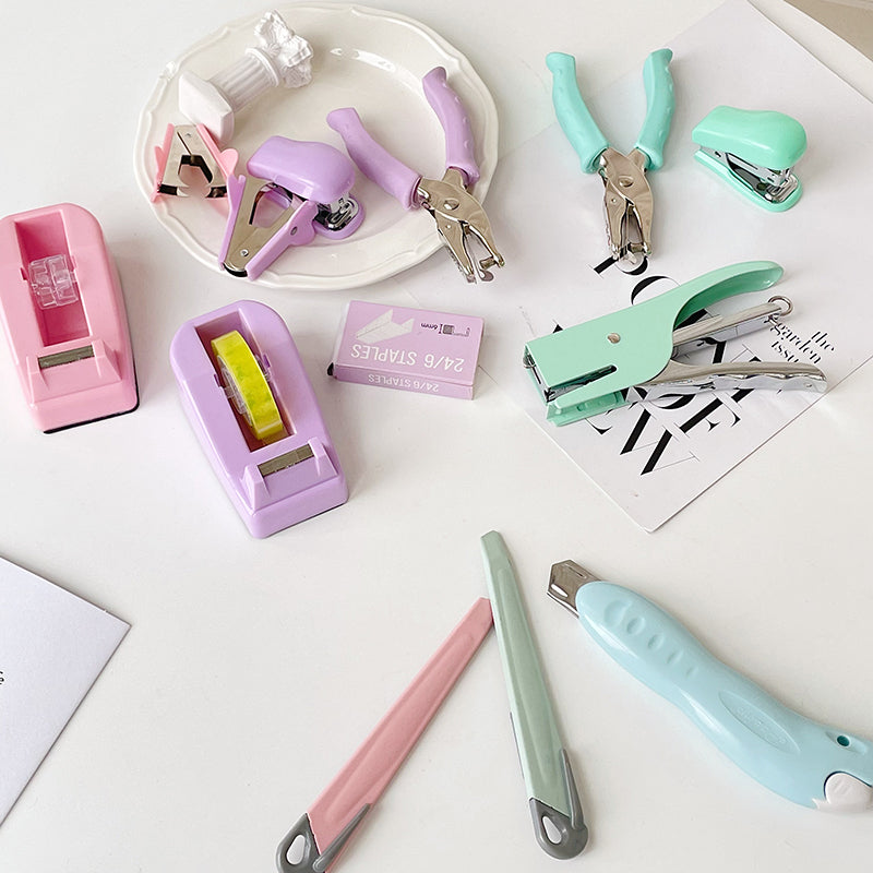 Macaron Color Stapler Tape Dispenser Hole Puncher